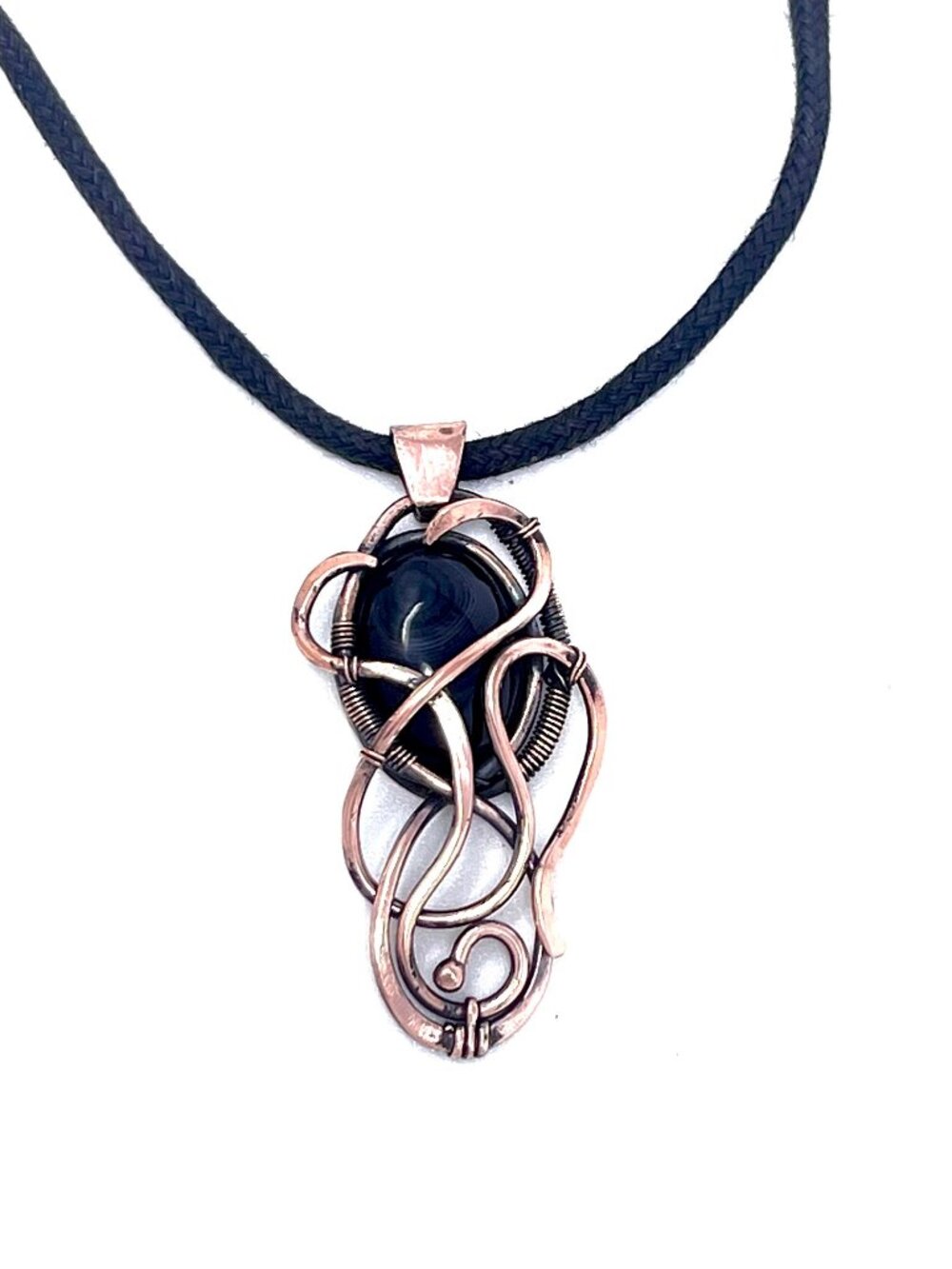 Black Striped Agate Gemstone Wire Wrapped Copper Necklace — Handmade